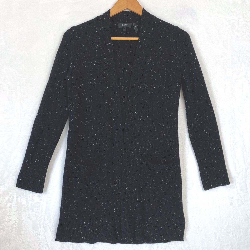 Theory Open Front Belted Cardigan Black‎ Speckled 100% Cashmere Women's P